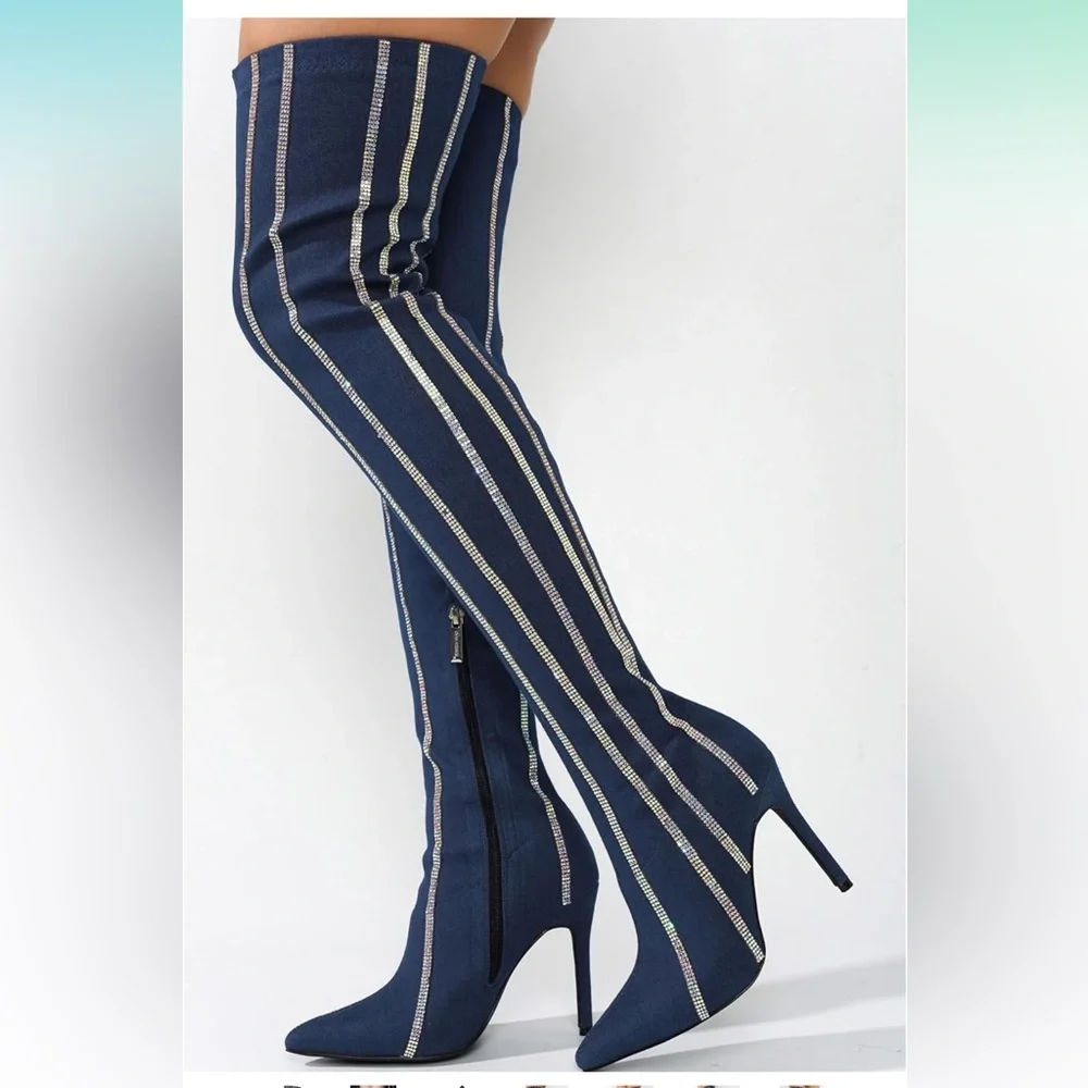 NWOT • Cape Robbin • Hidenim Rhinestone Thigh High Stiletto Boots • Size 6.5 💙🩶